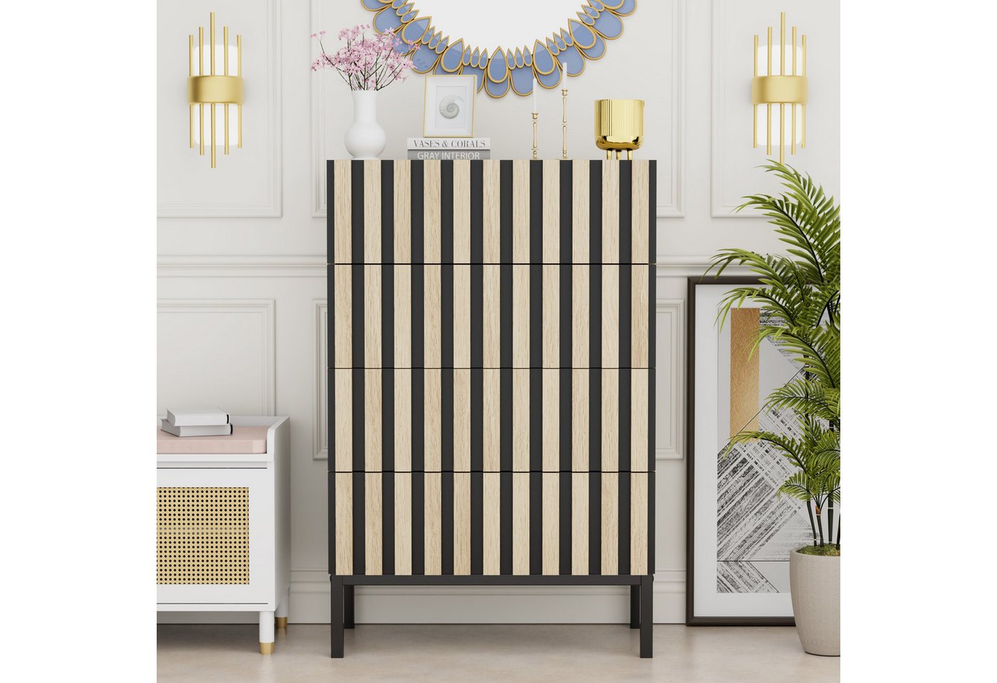 UEV Kommode schmal mit 4/5 Schublanden, Sideboard Beistellschrank Buffet (Aufbewahrungskommode, Mehrzweckschrank aus Holz(Natur/Schwarz/Dunkelbraun), Schrank fü – Bild 2 von 5