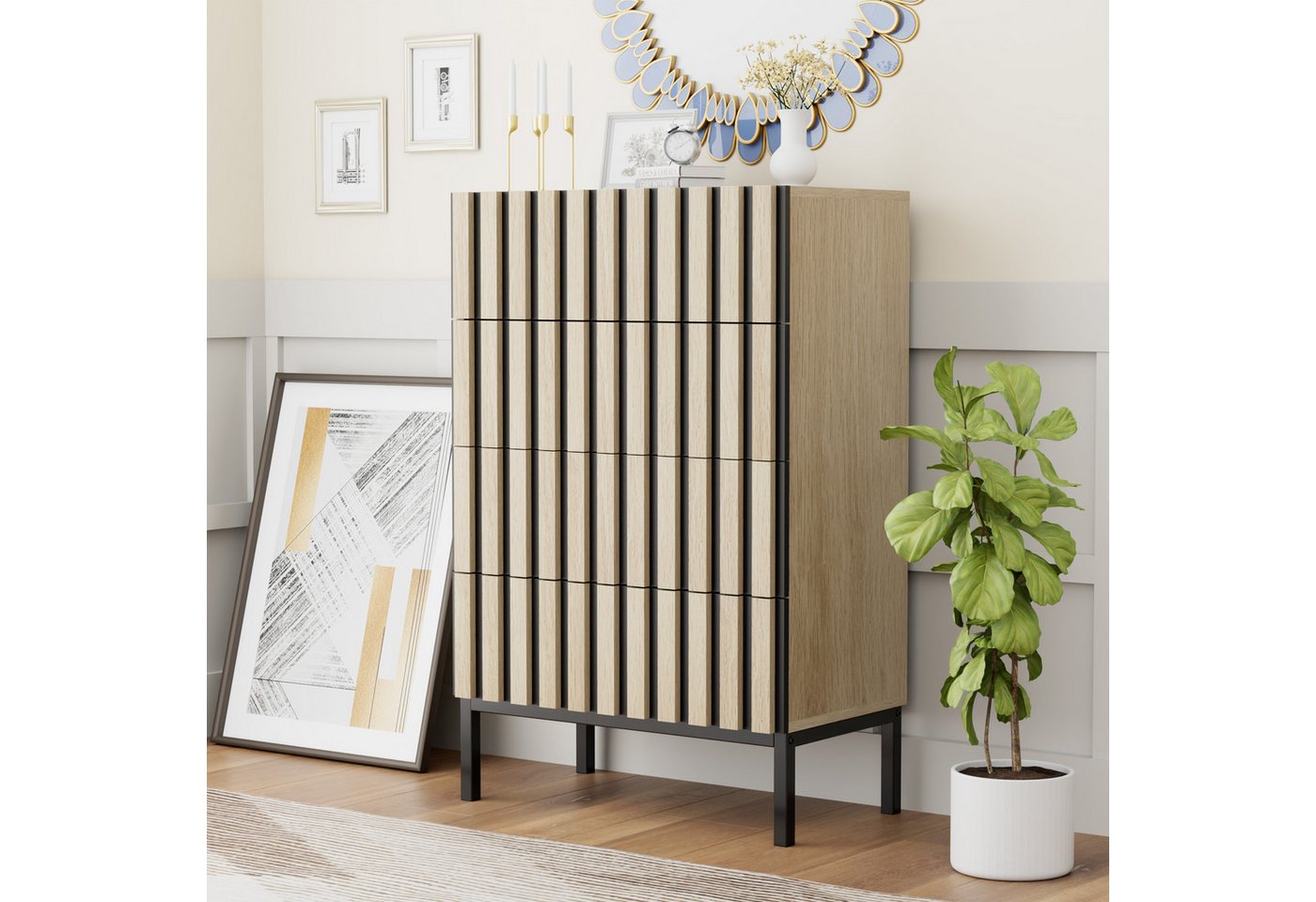 UEV Kommode schmal mit 4/5 Schublanden, Sideboard Beistellschrank Buffet (Aufbewahrungskommode, Mehrzweckschrank aus Holz(Natur/Schwarz/Dunkelbraun), Schrank fü – Bild 3 von 5
