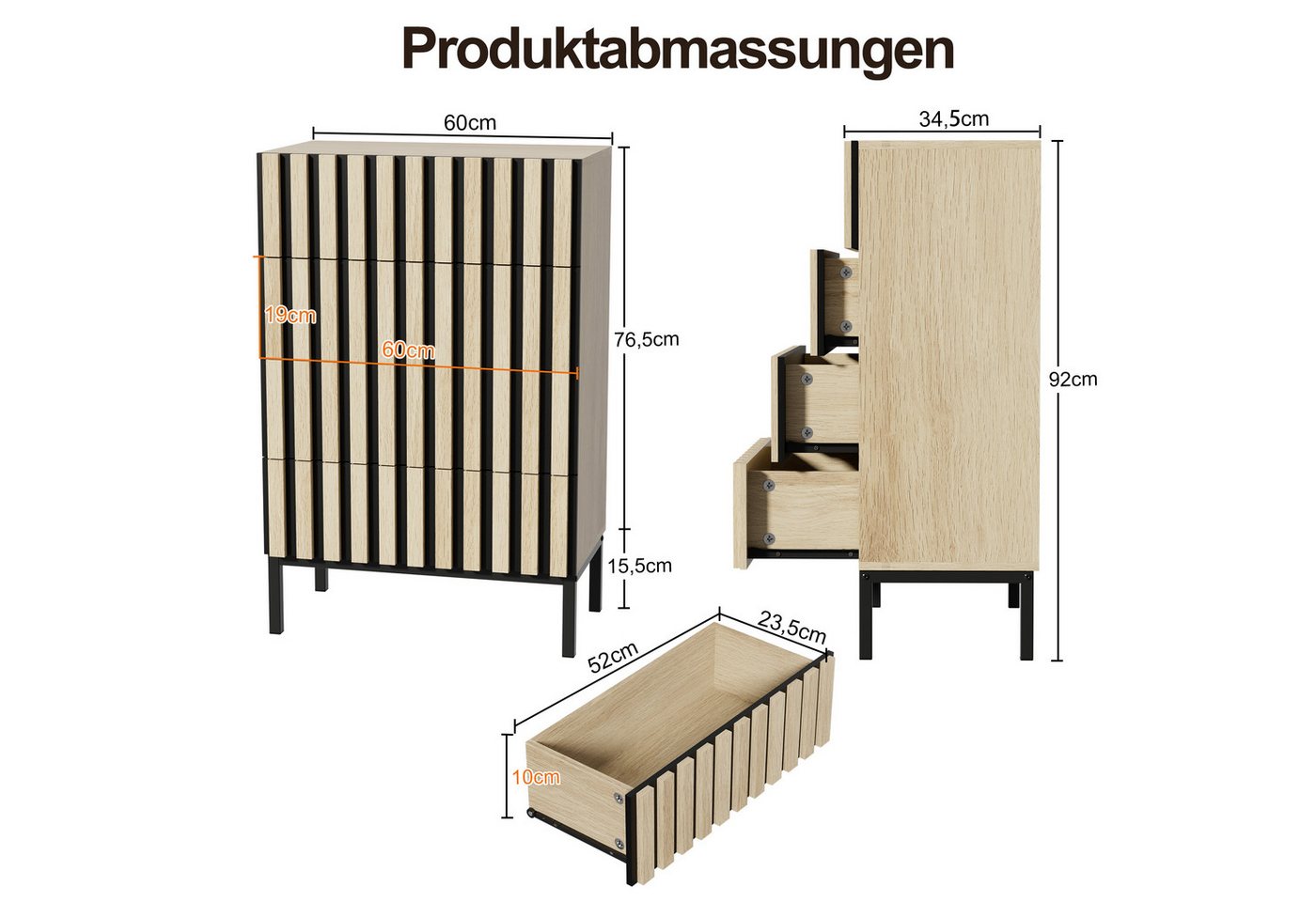 UEV Kommode schmal mit 4/5 Schublanden, Sideboard Beistellschrank Buffet (Aufbewahrungskommode, Mehrzweckschrank aus Holz(Natur/Schwarz/Dunkelbraun), Schrank fü – Bild 4 von 5