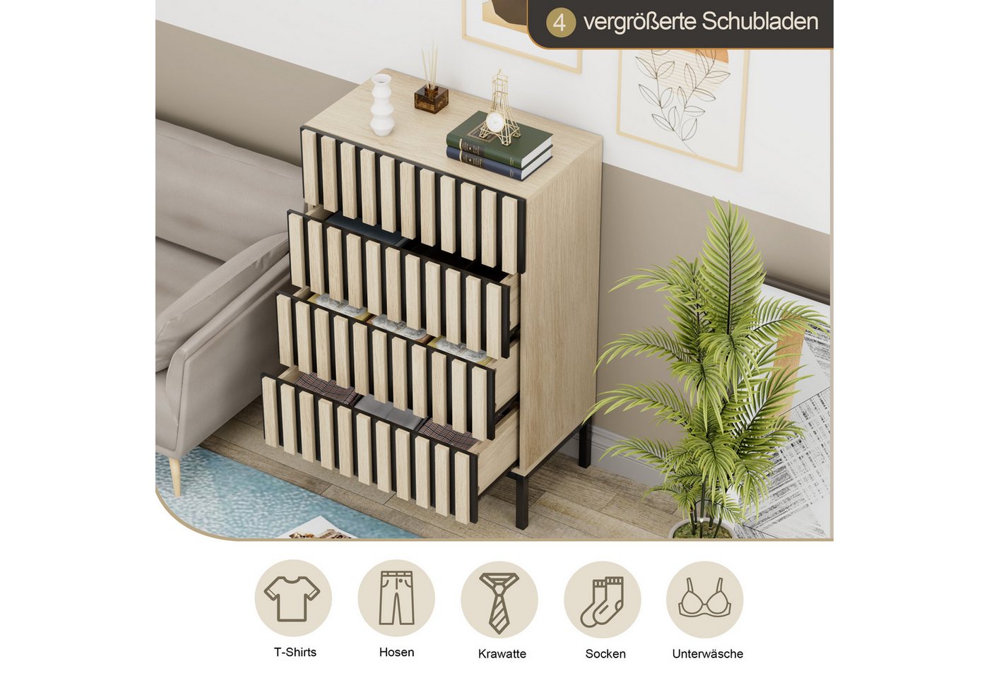 UEV Kommode schmal mit 4/5 Schublanden, Sideboard Beistellschrank Buffet (Aufbewahrungskommode, Mehrzweckschrank aus Holz(Natur/Schwarz/Dunkelbraun), Schrank fü – Bild 5 von 5