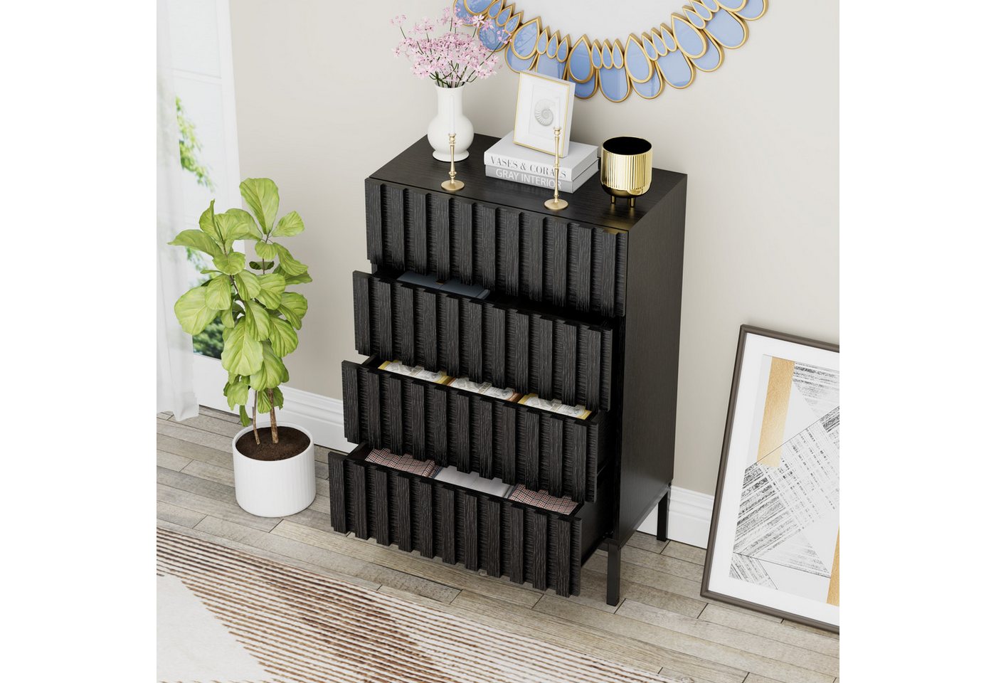 UEV Kommode schmal mit 4/5 Schublanden, Sideboard Beistellschrank Buffet (Aufbewahrungskommode, Mehrzweckschrank aus Holz(Natur/Schwarz/Dunkelbraun), Schrank fü – Bild 3 von 5