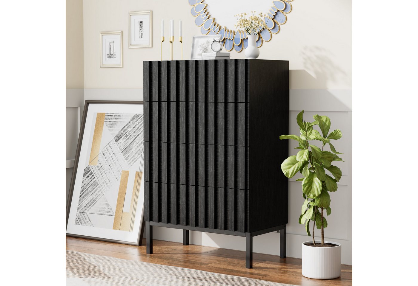 UEV Kommode schmal mit 4/5 Schublanden, Sideboard Beistellschrank Buffet (Aufbewahrungskommode, Mehrzweckschrank aus Holz(Natur/Schwarz/Dunkelbraun), Schrank fü – Bild 4 von 5