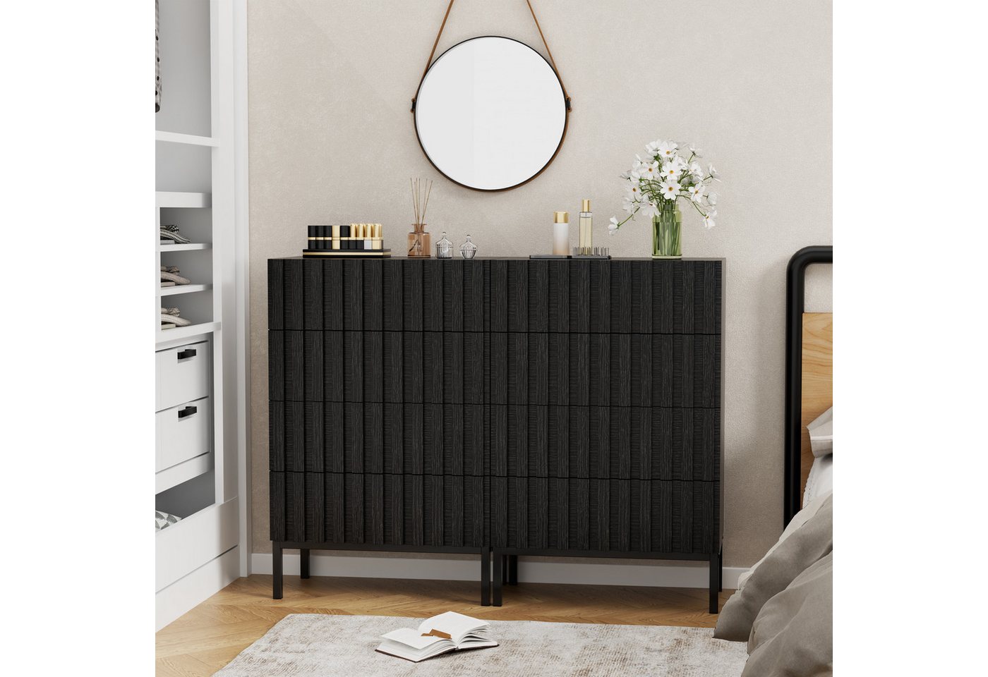 UEV Kommode schmal mit 4/5 Schublanden, Sideboard Beistellschrank Buffet (Aufbewahrungskommode, Mehrzweckschrank aus Holz(Natur/Schwarz/Dunkelbraun), Schrank fü – Bild 5 von 5