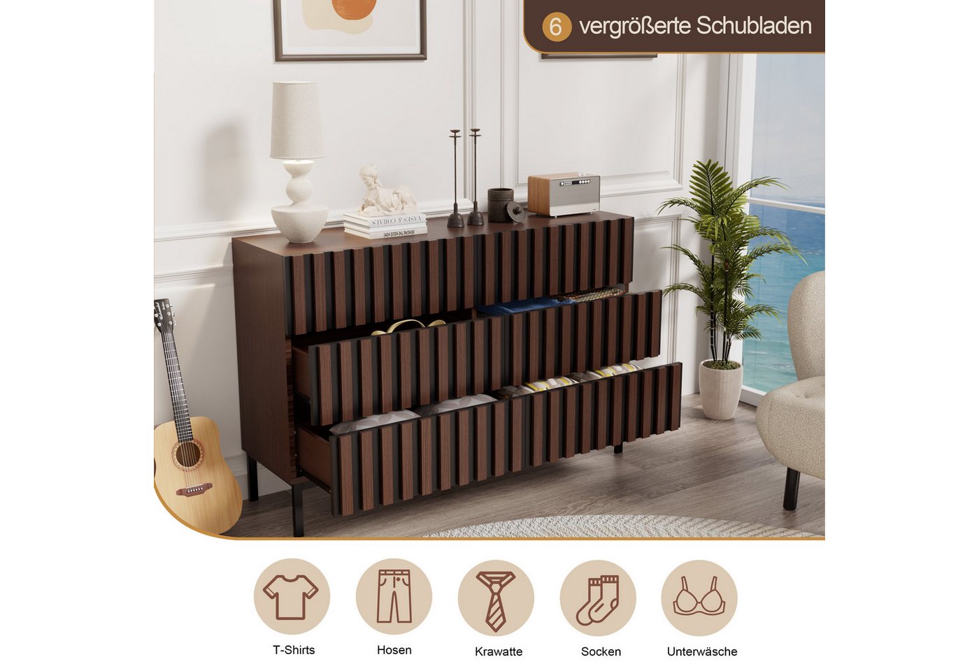UEV Kommode schmal mit Schubladen, Sideboard für Wohnzimmer Schlafzimmer Flur (Packung, Aufbewahrungsschrank), Kippsicherung, Aufbewahrungskommode, TV Board Sch – Bild 4 von 5