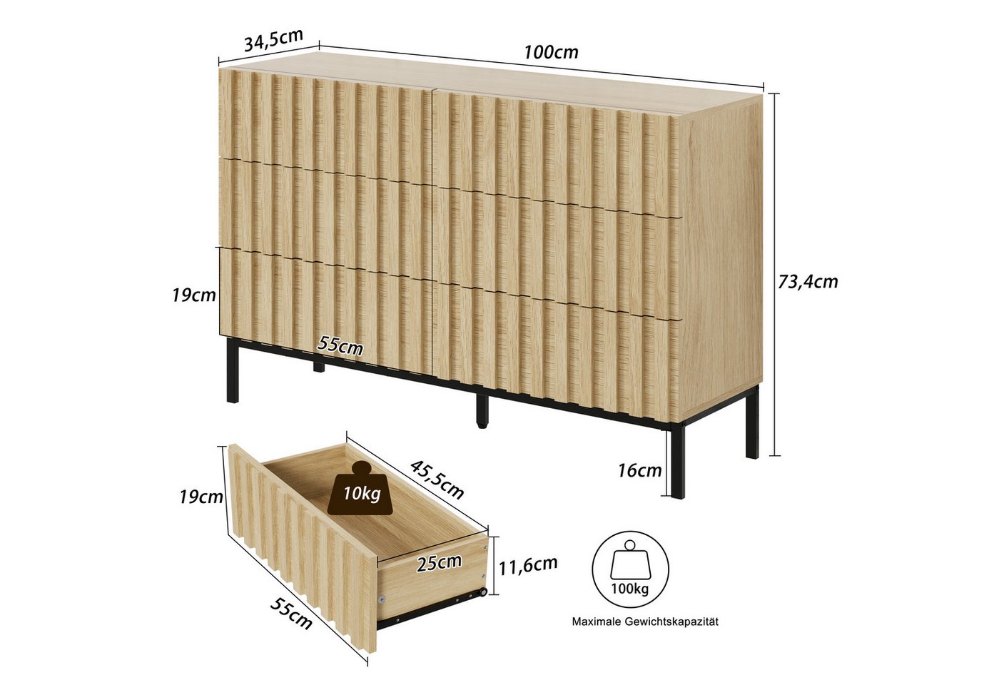 UEV Kommode schmal mit Schubladen, Sideboard für Wohnzimmer Schlafzimmer Flur (Packung, Aufbewahrungsschrank), Kippsicherung, Aufbewahrungskommode, TV Board Sch – Bild 4 von 5