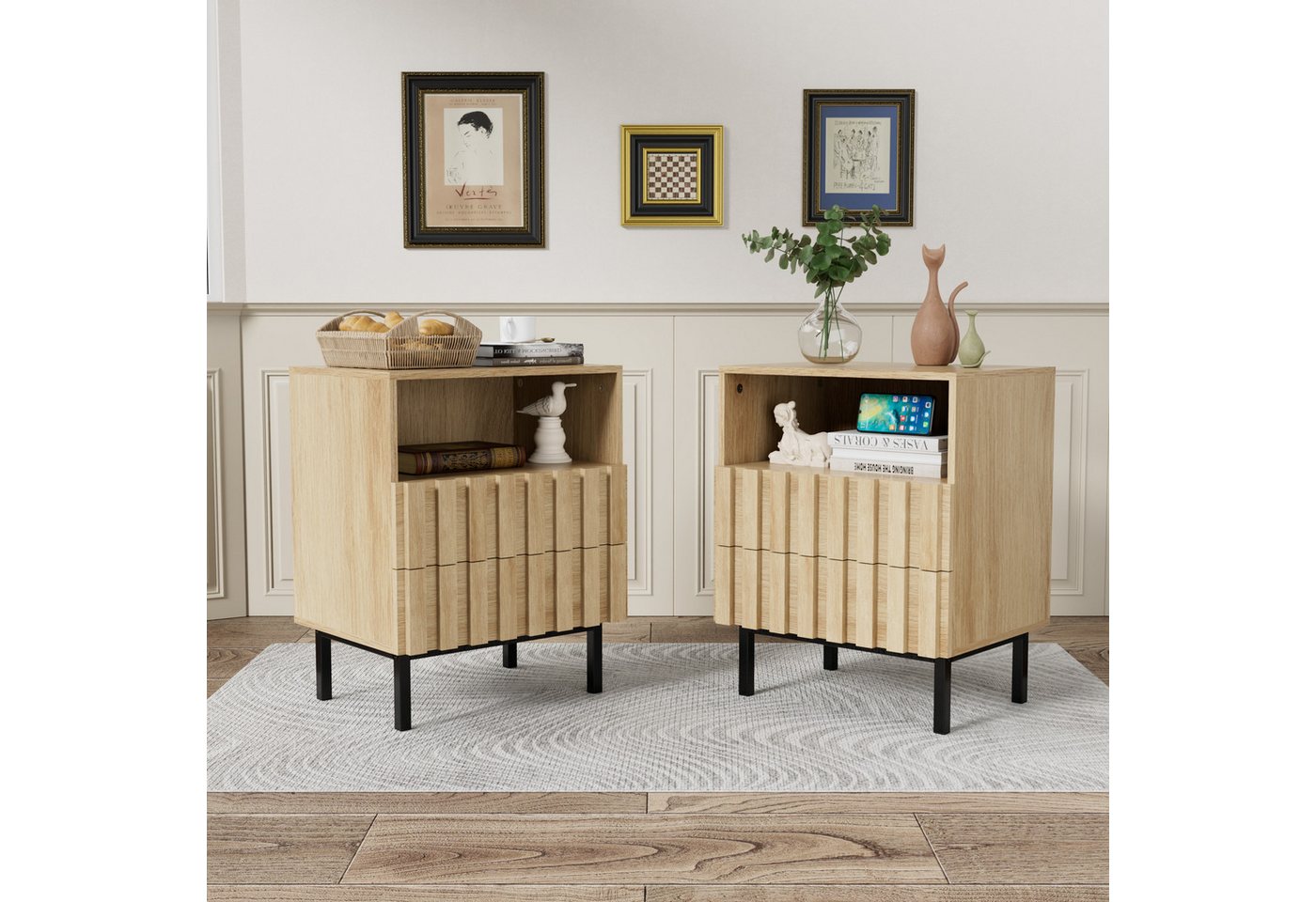 UEV Nachtschrank 2er set, Nachttisch mit 2 Schubladen Beistellschrank Sofatisch (Nachtkommode für Wohnzimmer Schlafzimmer) kleine Beistelltisch mit Kippschutz – Bild 2 von 5