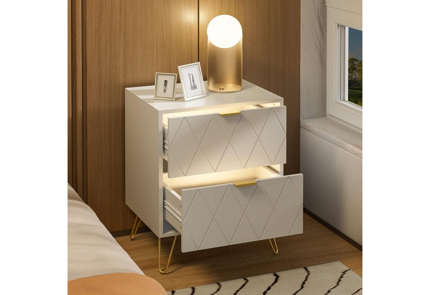 UEV Nachttisch 2er Set, Beistelltisch mit Beine, Nachtkommode mit Schubladen (Nachtschrank, Sofatisch für Wohnzimmer Schlafzimmer), Modern, 40 x 30 x 52 cm – Bild 3 von 5