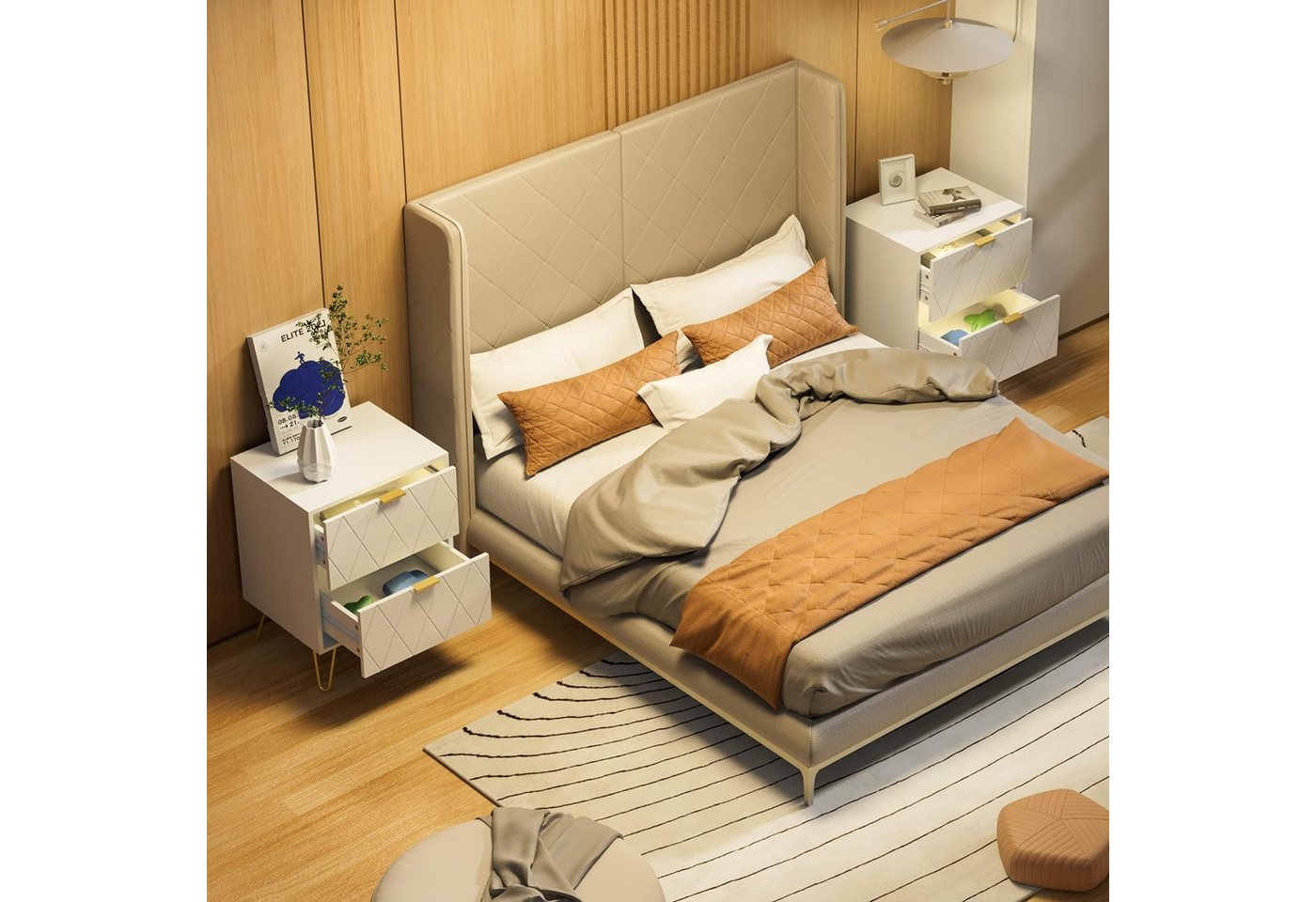 UEV Nachttisch 2er Set, Beistelltisch mit Beine, Nachtkommode mit Schubladen (Nachtschrank, Sofatisch für Wohnzimmer Schlafzimmer), Modern, 40 x 30 x 52 cm – Bild 4 von 5