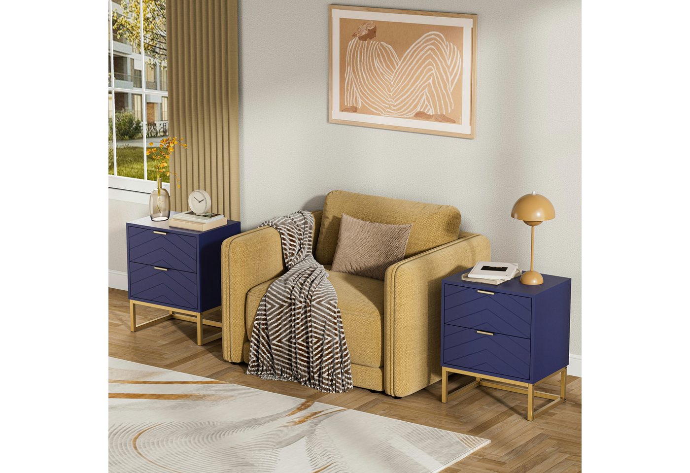 UEV Nachttisch 2er Set, Nachtkommode mit Schubladen (Nachtschrank mit 2 Schubladen für Kinderzimmer/Schlafzimmer/Wohnzimmer), kleine Beistelltisch Sofatisch mit – Bild 4 von 5