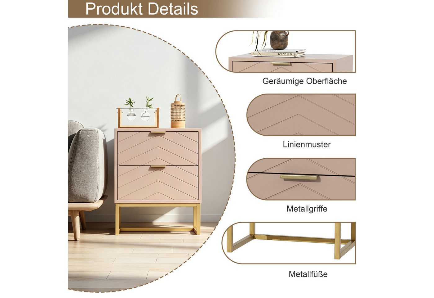 UEV Nachttisch 2er Set, Nachtkommode mit Schubladen (Nachtschrank mit 2 Schubladen für Kinderzimmer/Schlafzimmer/Wohnzimmer), kleine Beistelltisch Sofatisch mit – Bild 5 von 5