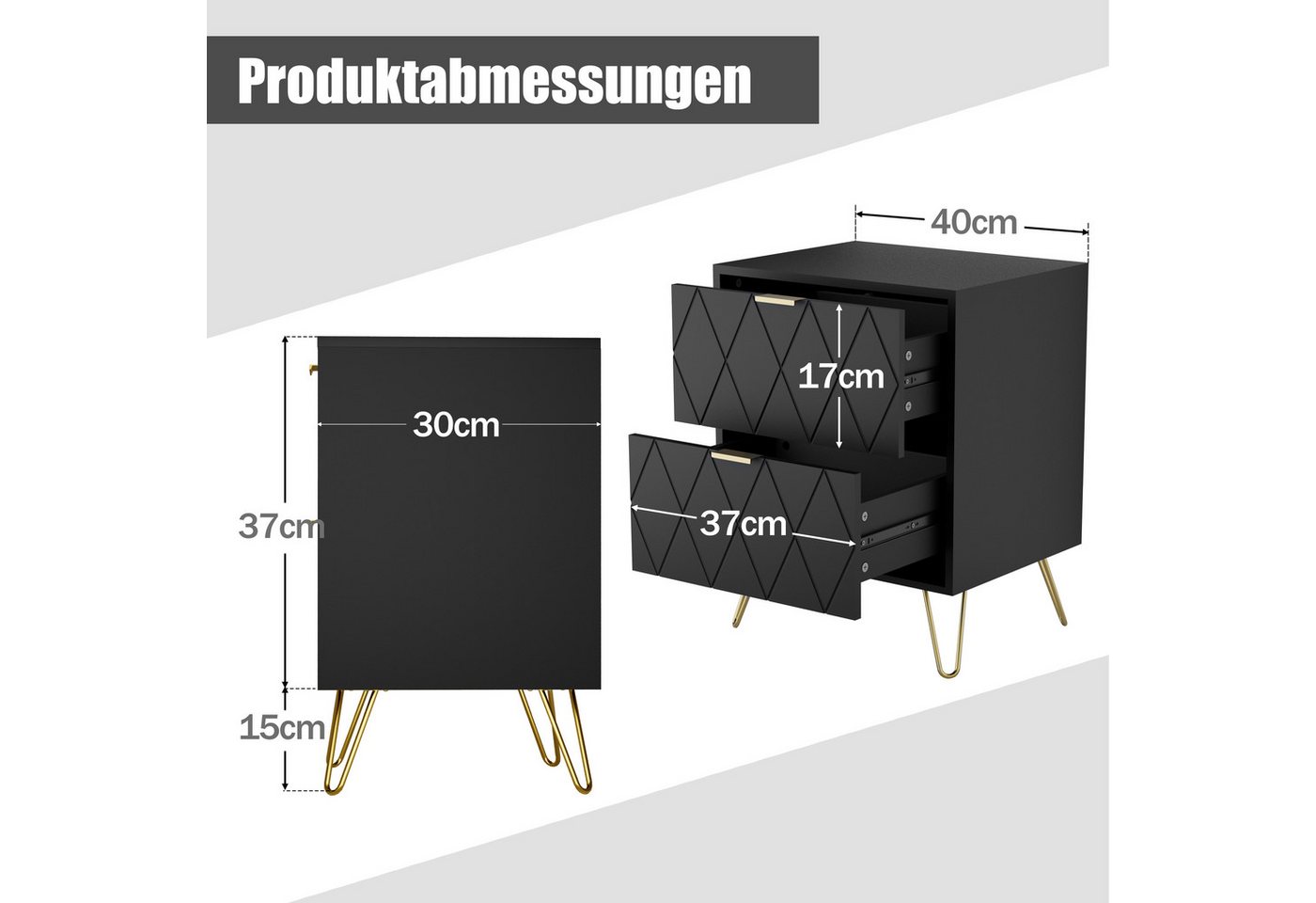 UEV Nachttisch 2er Set, Beistelltisch mit Beine, Nachtkommode mit Schubladen (Nachtschrank, Sofatisch für Wohnzimmer Schlafzimmer), Modern, 40 x 30 x 52 cm – Bild 3 von 5