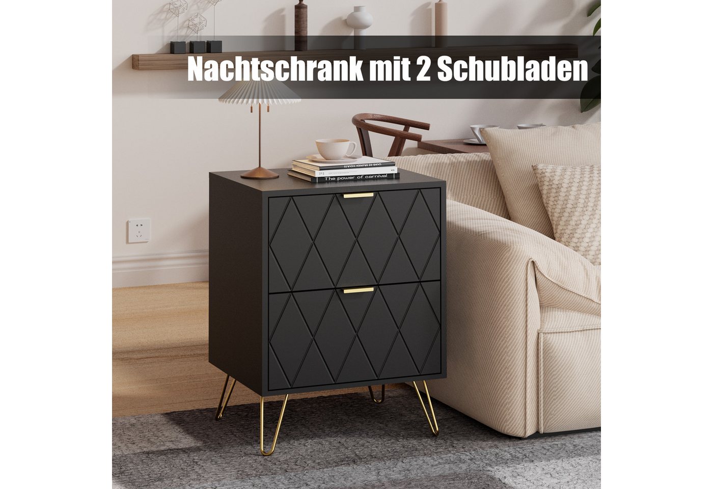 UEV Nachttisch 2er Set, Beistelltisch mit Beine, Nachtkommode mit Schubladen (Nachtschrank, Sofatisch für Wohnzimmer Schlafzimmer), Modern, 40 x 30 x 52 cm – Bild 4 von 5