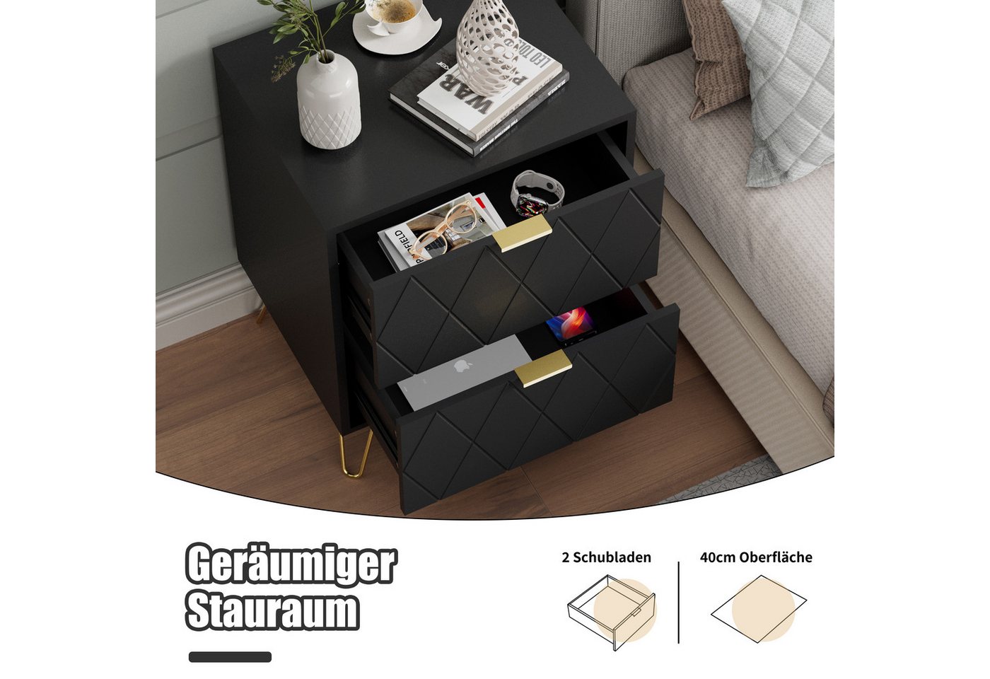UEV Nachttisch 2er Set, Beistelltisch mit Beine, Nachtkommode mit Schubladen (Nachtschrank, Sofatisch für Wohnzimmer Schlafzimmer), Modern, 40 x 30 x 52 cm – Bild 5 von 5