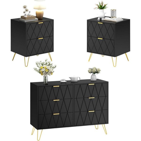 UEV Schlafzimmer-Set, 3er-Set Schlafzimmermöbel, Sparset Jugendzimmer-Set, (Kommode mit 6 Schubladen und 2er-Set Nachttisch, Modern Linienmuster, Skandinavisch 