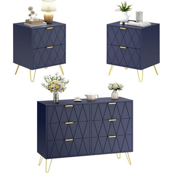 UEV Schlafzimmer-Set, 3er-Set Schlafzimmermöbel, Sparset Jugendzimmer-Set, (Kommode mit 6 Schubladen und 2er-Set Nachttisch, Modern Linienmuster, Skandinavisch 