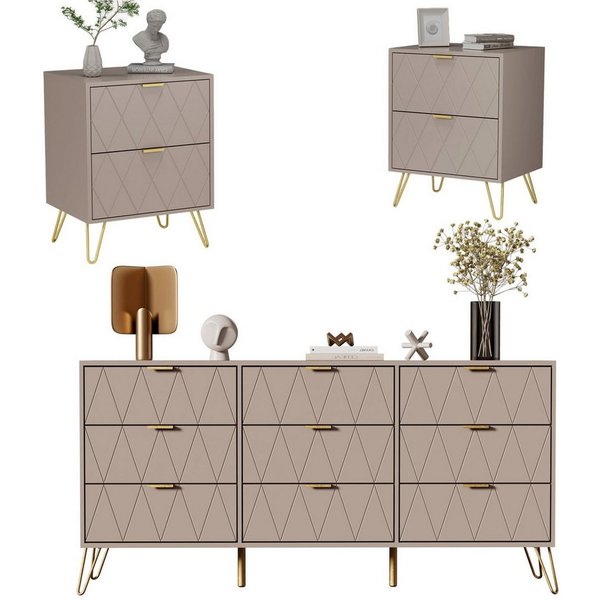UEV Schlafzimmer-Set 3er-Set Schlafzimmermöbel, Möbelset im skandinavischen Stil, (Modern Linienmuster, Kommode mit 9 Schubladen und 2er-Set Nachttisch), Schran