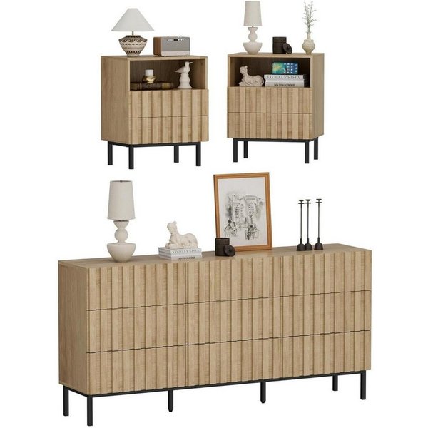 UEV Schlafzimmer-Set 3er-Set Schlafzimmermöbel, Möbelset im Industrial Stil, (Kommode mit 9 Schubladen und 2er-Set Nachttisch), Komplettschlafzimmer, Schrank mi