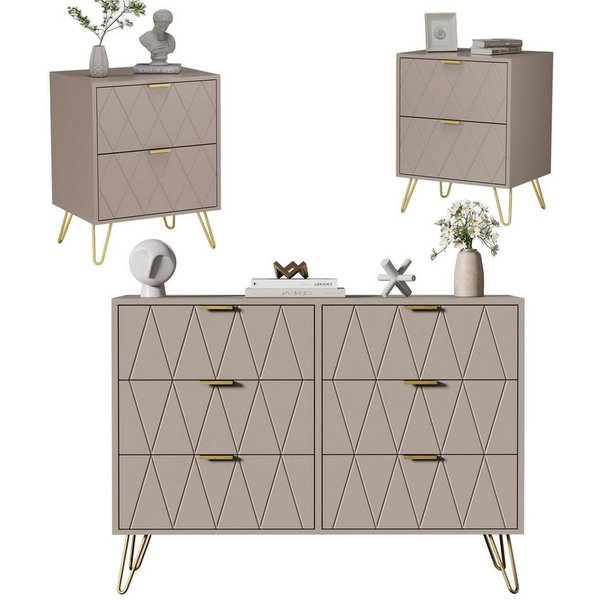 UEV Schlafzimmer-Set, 3er-Set Schlafzimmermöbel, Sparset Jugendzimmer-Set, (Kommode mit 6 Schubladen und 2er-Set Nachttisch, Modern Linienmuster, Skandinavisch 
