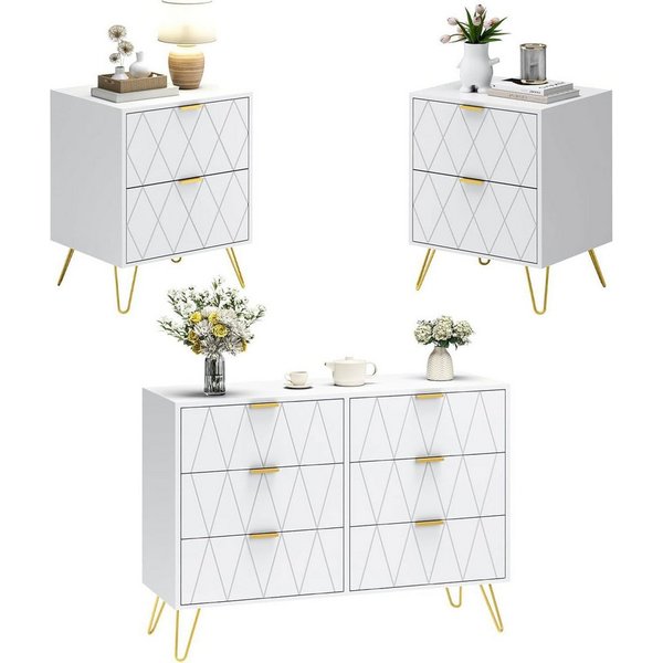 UEV Schlafzimmer-Set, 3er-Set Schlafzimmermöbel, Sparset Jugendzimmer-Set, (Kommode mit 6 Schubladen und 2er-Set Nachttisch, Modern Linienmuster, Skandinavisch 