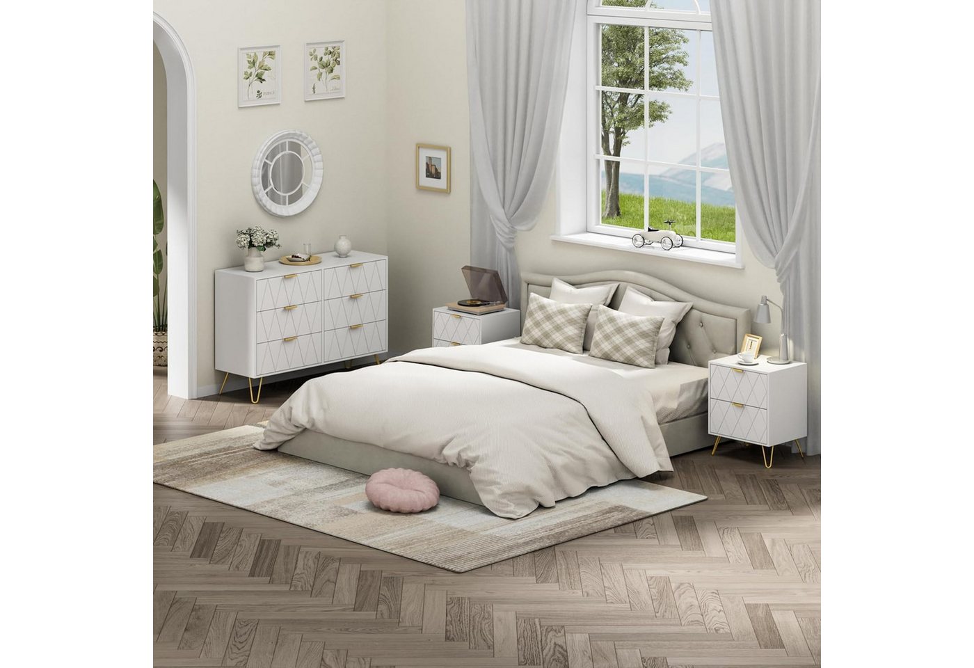 UEV Schlafzimmer-Set, 3er-Set Schlafzimmermöbel, Sparset Jugendzimmer-Set, (Kommode mit 6 Schubladen und 2er-Set Nachttisch, Modern Linienmuster, Skandinavisch  – Bild 2 von 5