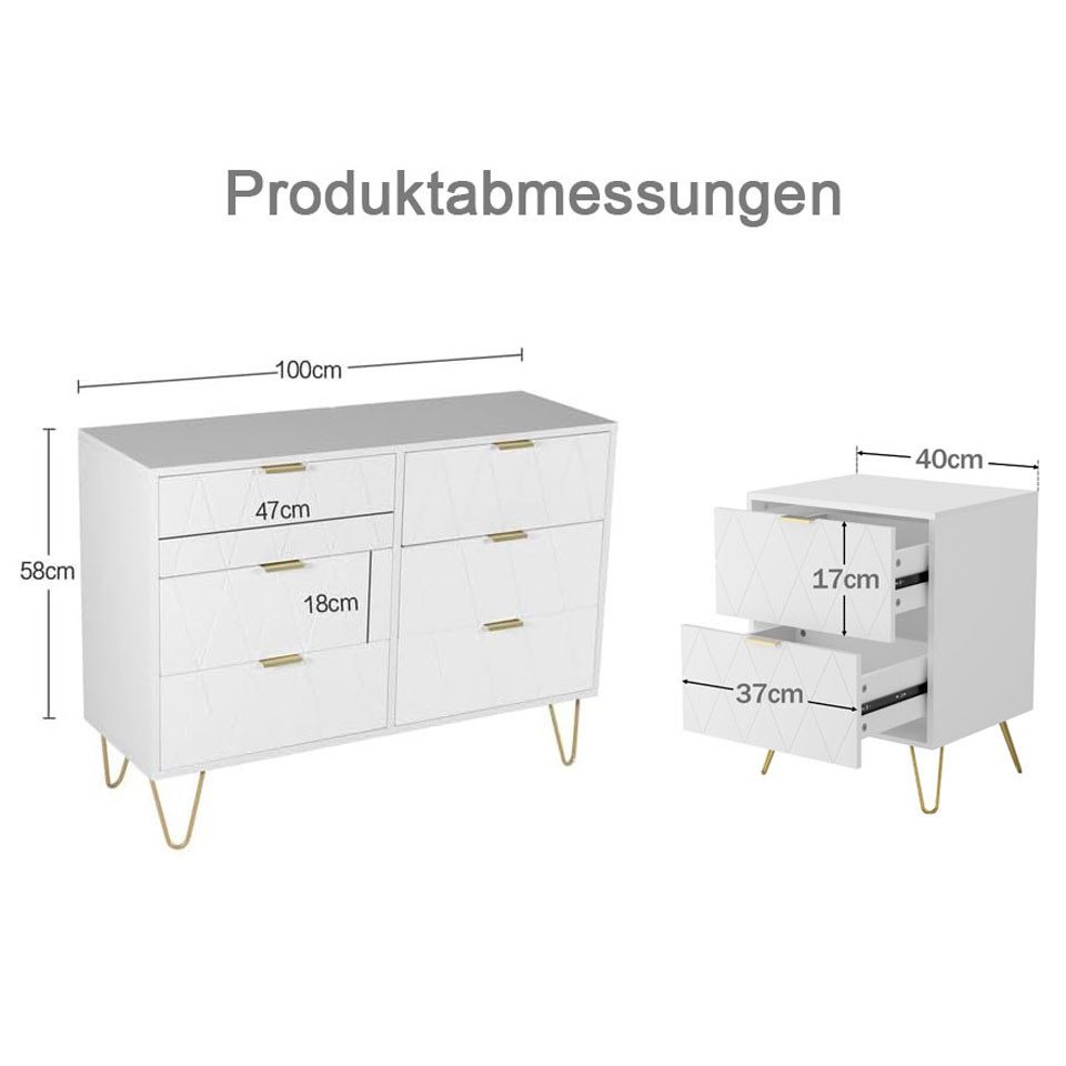 UEV Schlafzimmer-Set, 3er-Set Schlafzimmermöbel, Sparset Jugendzimmer-Set, (Kommode mit 6 Schubladen und 2er-Set Nachttisch, Modern Linienmuster, Skandinavisch  – Bild 3 von 5