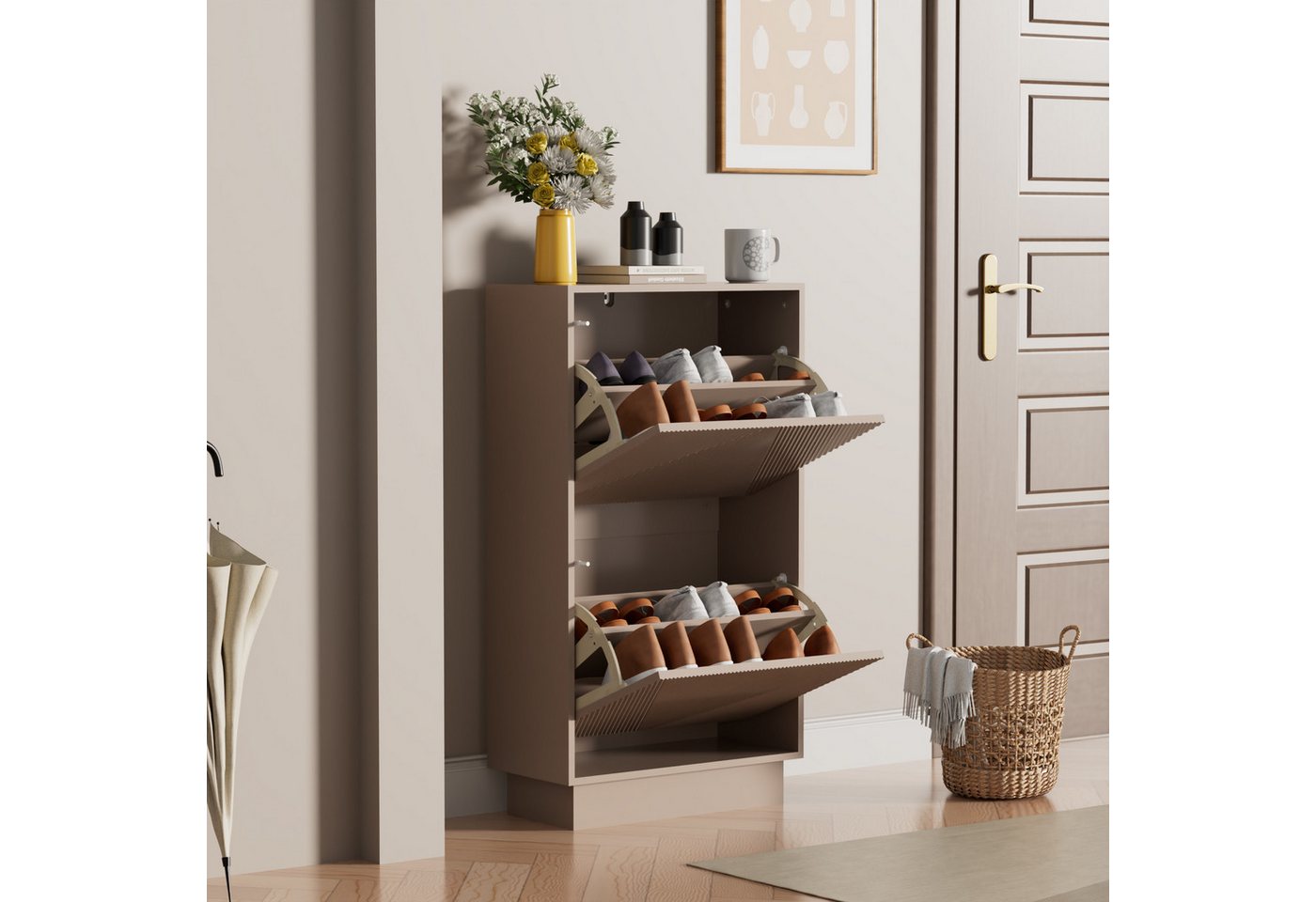 UEV Schuhschrank mit 2/3 Klappen schmal Schuhkommode mit Kippschutz Schuhregal (Packung, Schuhständeregal mit Drucktüröffner für Flur Eingang Platzsparend) Tren – Bild 2 von 5