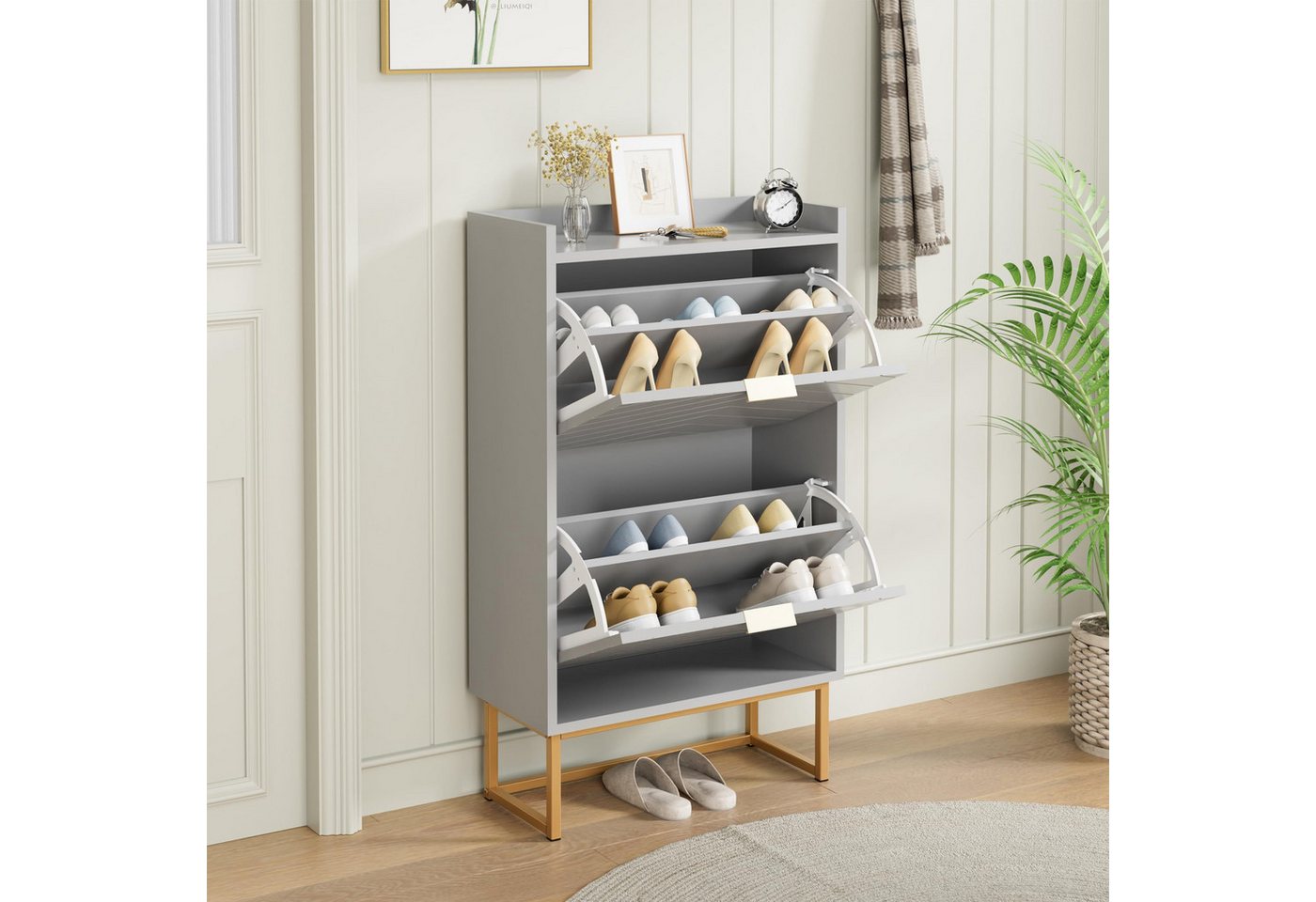 UEV Schuhschrank mit 2 Klappen, Schuhkipper Schmal, Schuhregal mit Metallfüße (50 x 24 x 103,5cm Modern Schuhaufbewahrung mit Oberplatte, Schuhkommode,Anti-Kipp – Bild 2 von 5