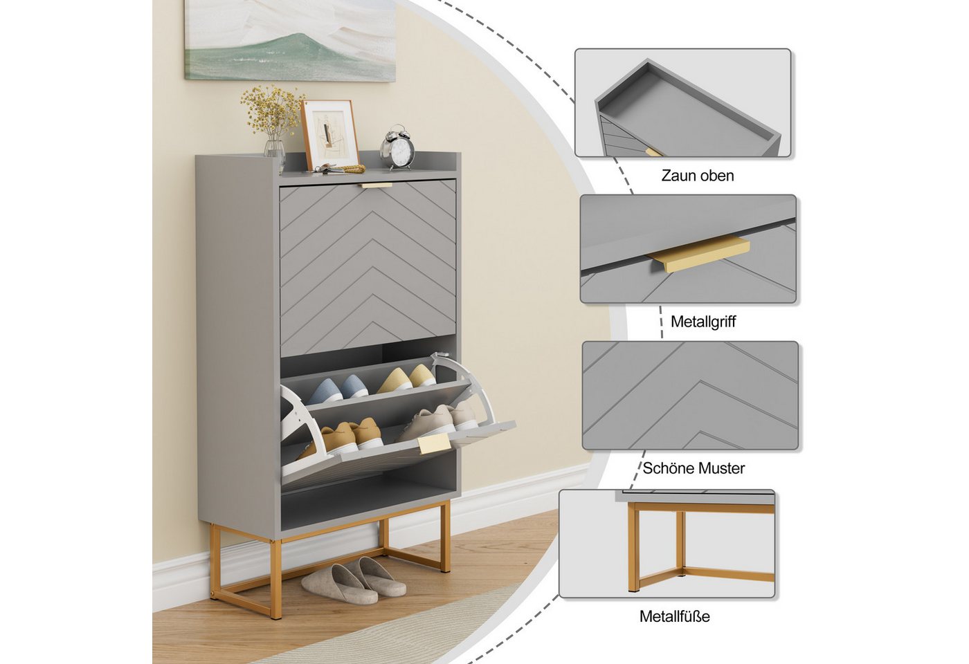 UEV Schuhschrank mit 2 Klappen, Schuhkipper Schmal, Schuhregal mit Metallfüße (50 x 24 x 103,5cm Modern Schuhaufbewahrung mit Oberplatte, Schuhkommode,Anti-Kipp – Bild 5 von 5