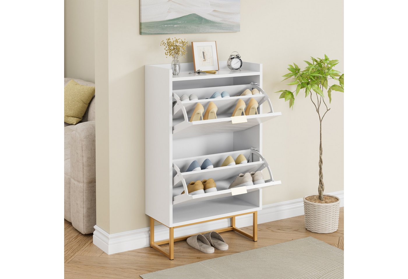 UEV Schuhschrank mit 2 Klappen, Schuhkipper Schmal, Schuhregal mit Metallfüße (50 x 24 x 103,5cm Modern Schuhaufbewahrung mit Oberplatte, Schuhkommode,Anti-Kipp – Bild 2 von 5