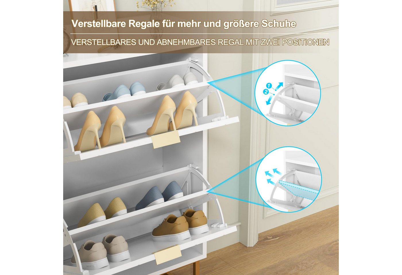 UEV Schuhschrank mit 2 Klappen, Schuhkipper Schmal, Schuhregal mit Metallfüße (50 x 24 x 103,5cm Modern Schuhaufbewahrung mit Oberplatte, Schuhkommode,Anti-Kipp – Bild 4 von 5