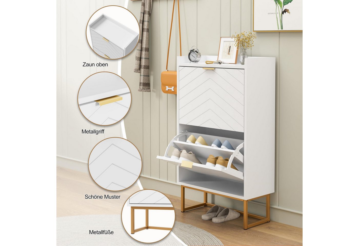 UEV Schuhschrank mit 2 Klappen, Schuhkipper Schmal, Schuhregal mit Metallfüße (50 x 24 x 103,5cm Modern Schuhaufbewahrung mit Oberplatte, Schuhkommode,Anti-Kipp – Bild 5 von 5