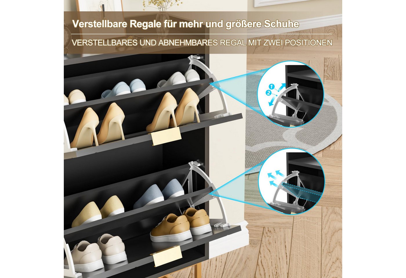 UEV Schuhschrank mit 2 Klappen, Schuhkipper Schmal, Schuhregal mit Metallfüße (50 x 24 x 103,5cm Modern Schuhaufbewahrung mit Oberplatte, Schuhkommode,Anti-Kipp – Bild 4 von 5
