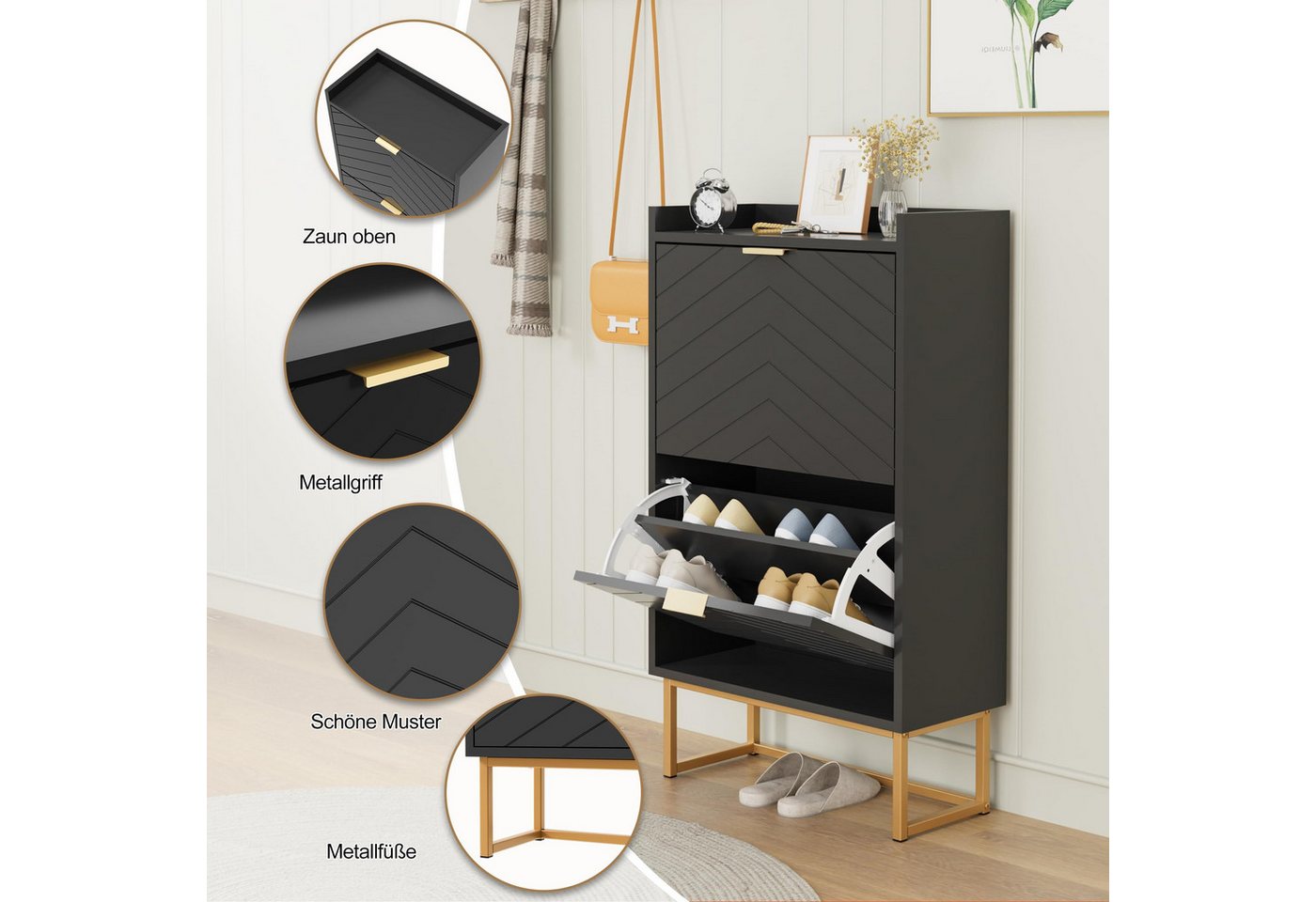 UEV Schuhschrank mit 2 Klappen, Schuhkipper Schmal, Schuhregal mit Metallfüße (50 x 24 x 103,5cm Modern Schuhaufbewahrung mit Oberplatte, Schuhkommode,Anti-Kipp – Bild 5 von 5