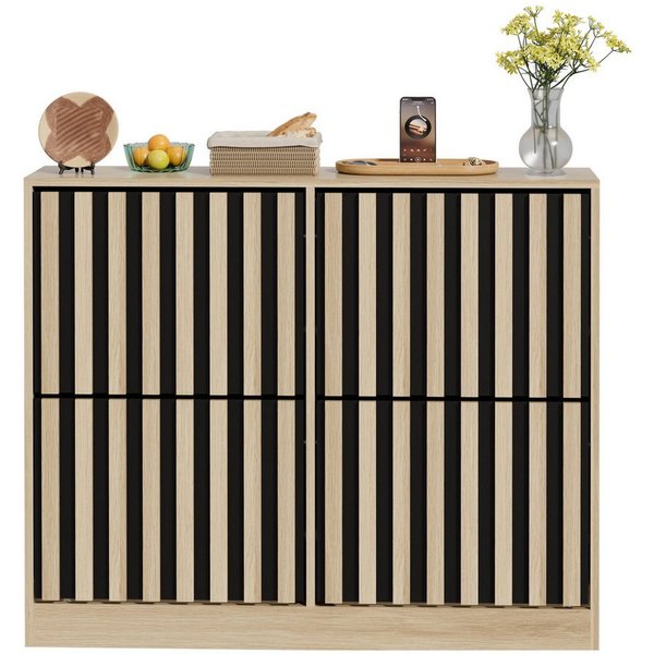 UEV Schuhschrank mit 4 Klappen, Schuhregal Schmal,102x24x86,5cm Schuhkipper Holz (Packung, Schuhkommode mit Kippschutz) verstellbare & herausnehmbare Trennwände