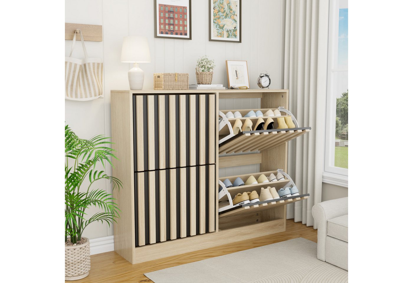 UEV Schuhschrank mit 4 Klappen, Schuhregal Schmal,102x24x86,5cm Schuhkipper Holz (Packung, Schuhkommode mit Kippschutz) verstellbare & herausnehmbare Trennwände – Bild 2 von 5