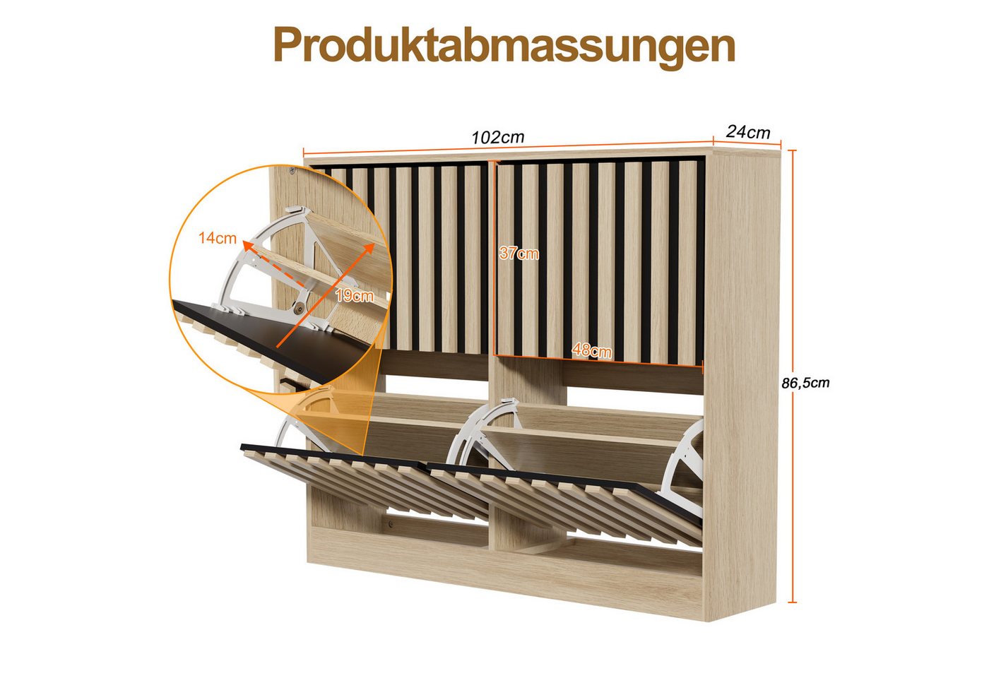 UEV Schuhschrank mit 4 Klappen, Schuhregal Schmal,102x24x86,5cm Schuhkipper Holz (Packung, Schuhkommode mit Kippschutz) verstellbare & herausnehmbare Trennwände – Bild 3 von 5