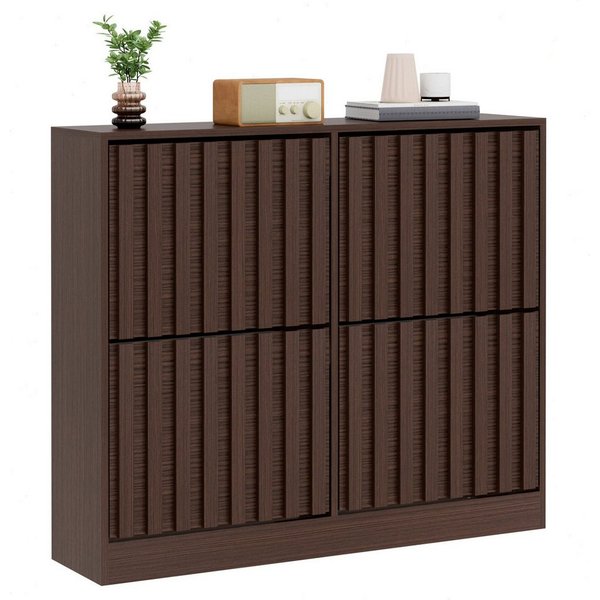 UEV Schuhschrank mit 4 Klappen, Schuhregal Schmal,102x24x86,5cm Schuhkipper Holz (Packung, Schuhkommode mit Kippschutz) verstellbare & herausnehmbare Trennwände