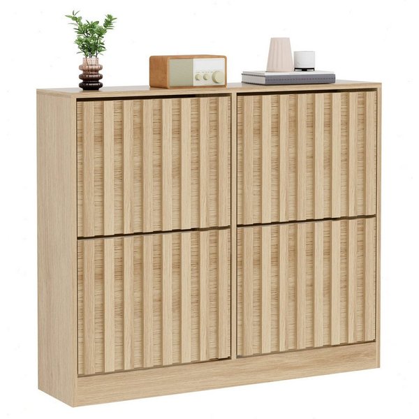 UEV Schuhschrank mit 4 Klappen, Schuhregal Schmal,102x24x86,5cm Schuhkipper Holz (Packung, Schuhkommode mit Kippschutz) verstellbare & herausnehmbare Trennwände