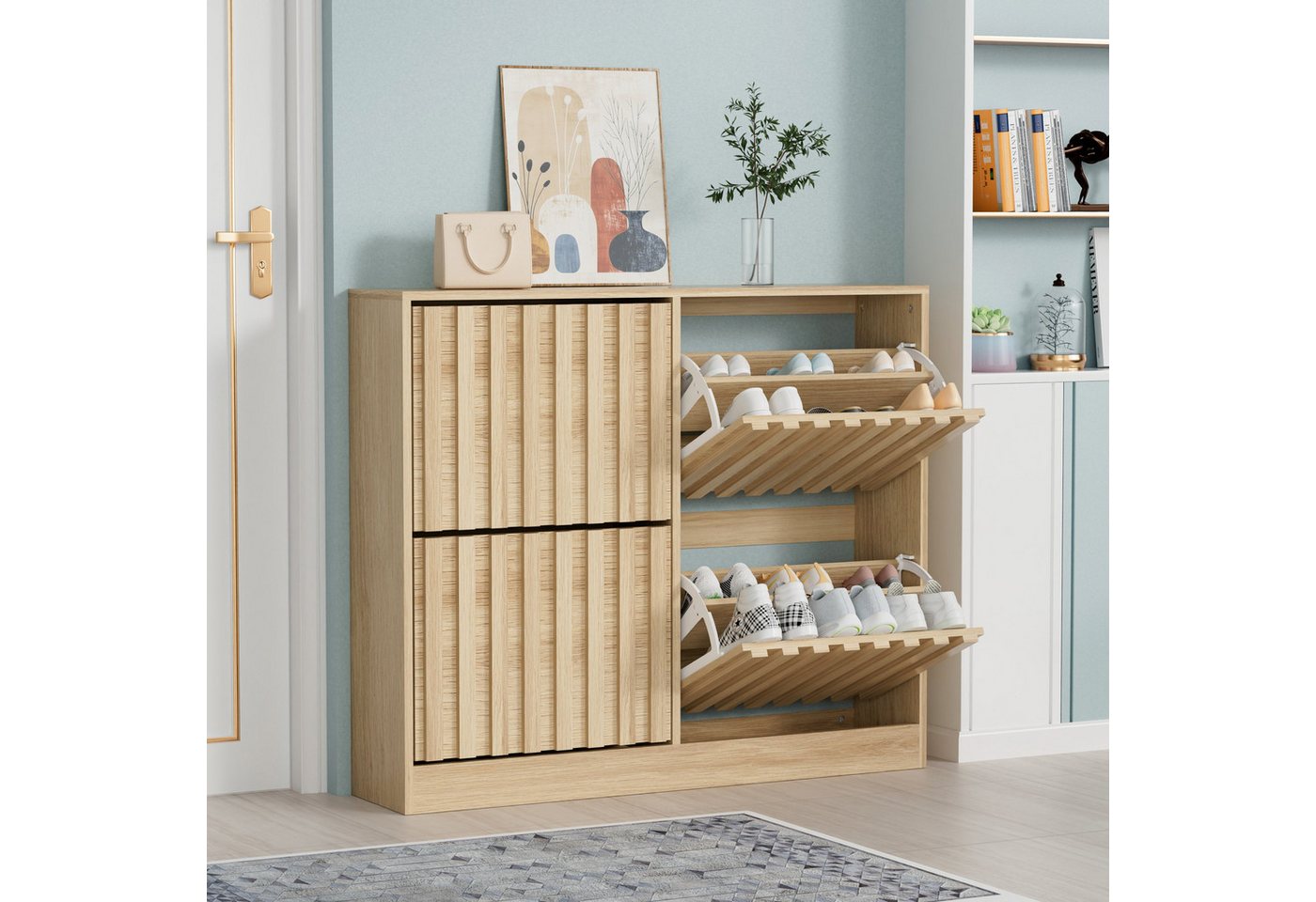 UEV Schuhschrank mit 4 Klappen, Schuhregal Schmal,102x24x86,5cm Schuhkipper Holz (Packung, Schuhkommode mit Kippschutz) verstellbare & herausnehmbare Trennwände – Bild 3 von 5