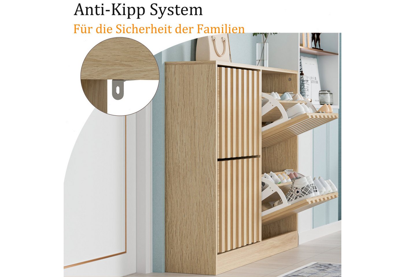 UEV Schuhschrank mit 4 Klappen, Schuhregal Schmal,102x24x86,5cm Schuhkipper Holz (Packung, Schuhkommode mit Kippschutz) verstellbare & herausnehmbare Trennwände – Bild 4 von 5