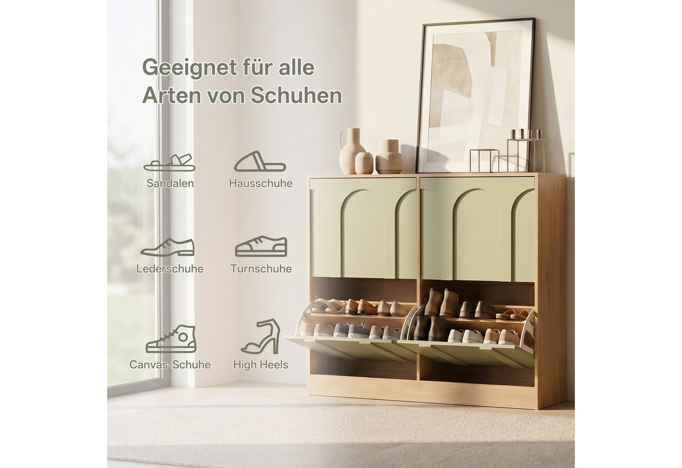 UEV Schuhschrank schmal mit 4 Klappen, Modern Schuhregal Schuhkipper (Schuhkommode mit Kippschutz) Flurmöbel Geschlossen mit verstellbarer Trennwände für Flur E – Bild 3 von 5