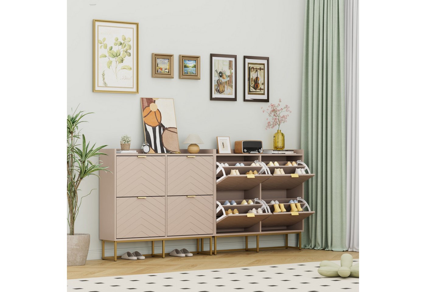 UEV Schuhschrank schmal mit 4 Klappen, Schuhregal Flurschrank mit Metellbeine (100x24x103,5cm (BxTxH) Schuhkipper) moderne Schuhkommode mit verstellbaren Trennw – Bild 2 von 5