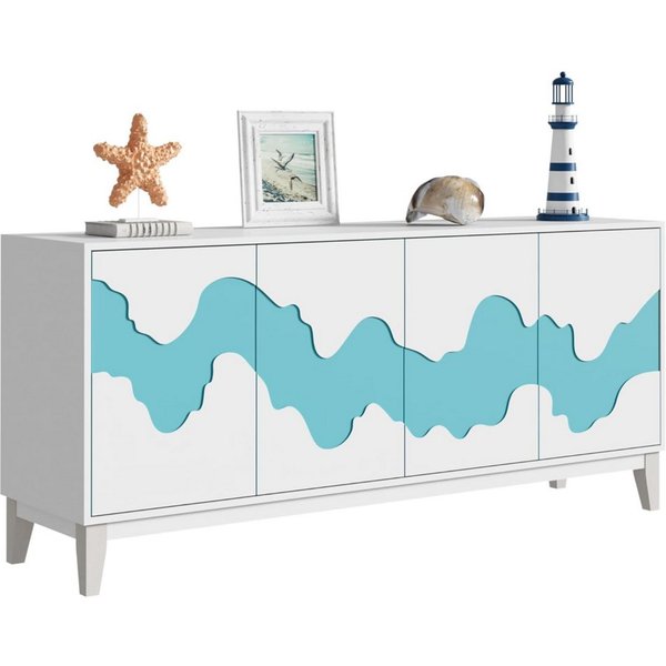 UEV Sideboard mit 4 Türen, Modern Kommode mit Wellenmuster Buffet für Küche (Packung, 160x40x73cm Highboard TV Schrank, Mehrzweckschrank), verstellbare Ablage, 
