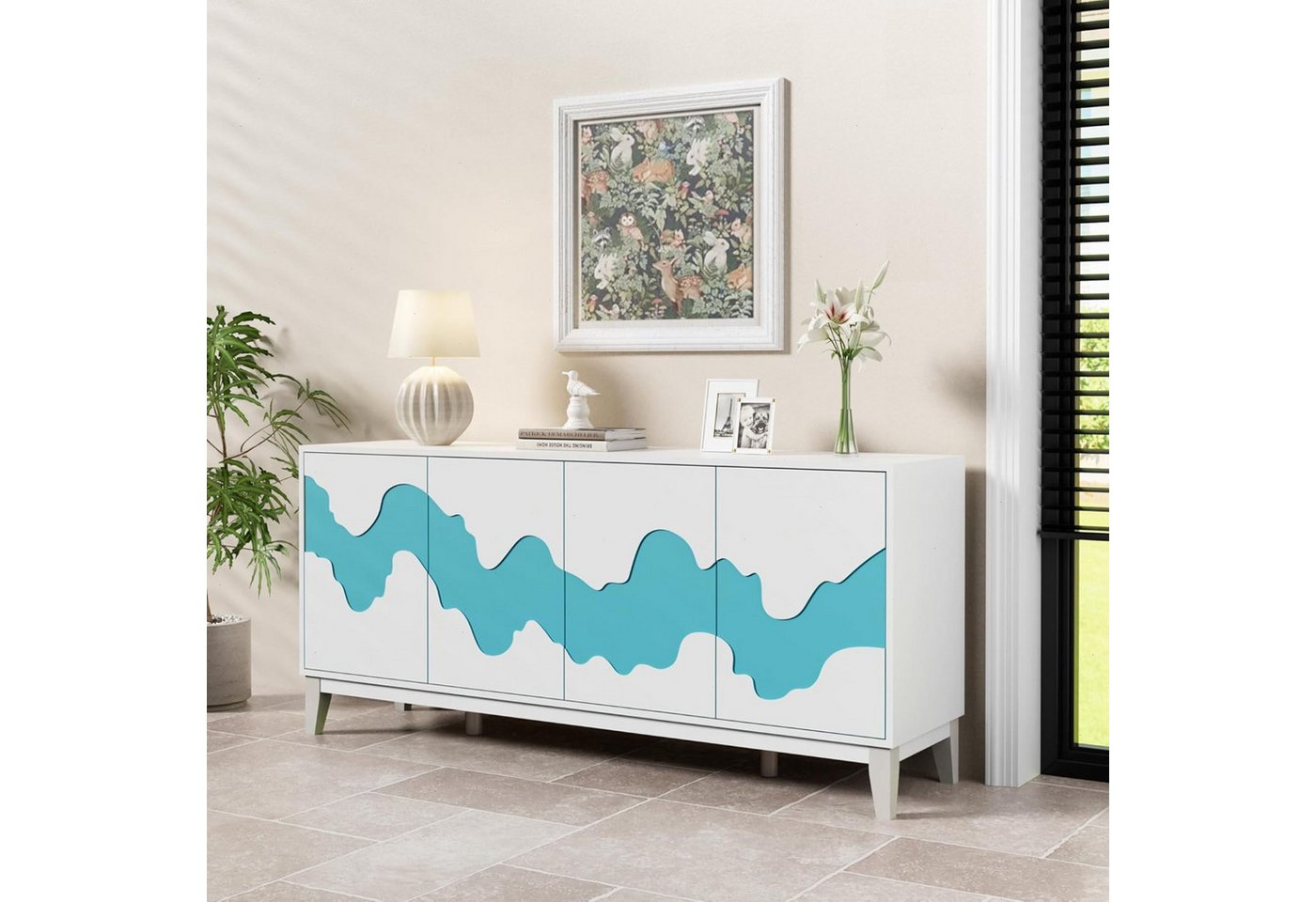UEV Sideboard mit 4 Türen, Modern Kommode mit Wellenmuster Buffet für Küche (Packung, 160x40x73cm Highboard TV Schrank, Mehrzweckschrank), verstellbare Ablage,  – Bild 2 von 5