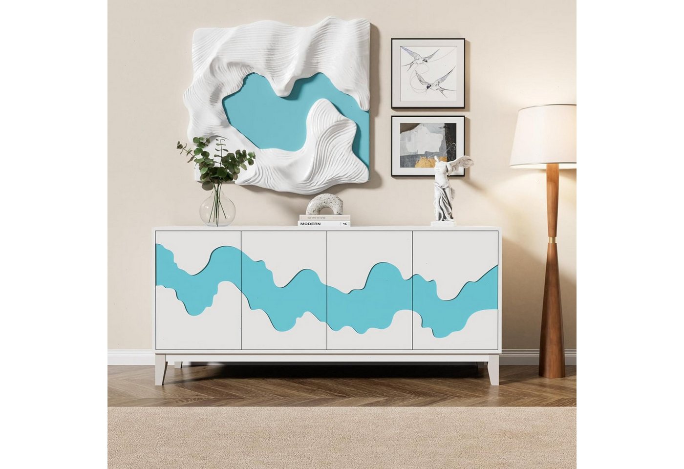 UEV Sideboard mit 4 Türen, Modern Kommode mit Wellenmuster Buffet für Küche (Packung, 160x40x73cm Highboard TV Schrank, Mehrzweckschrank), verstellbare Ablage,  – Bild 3 von 5