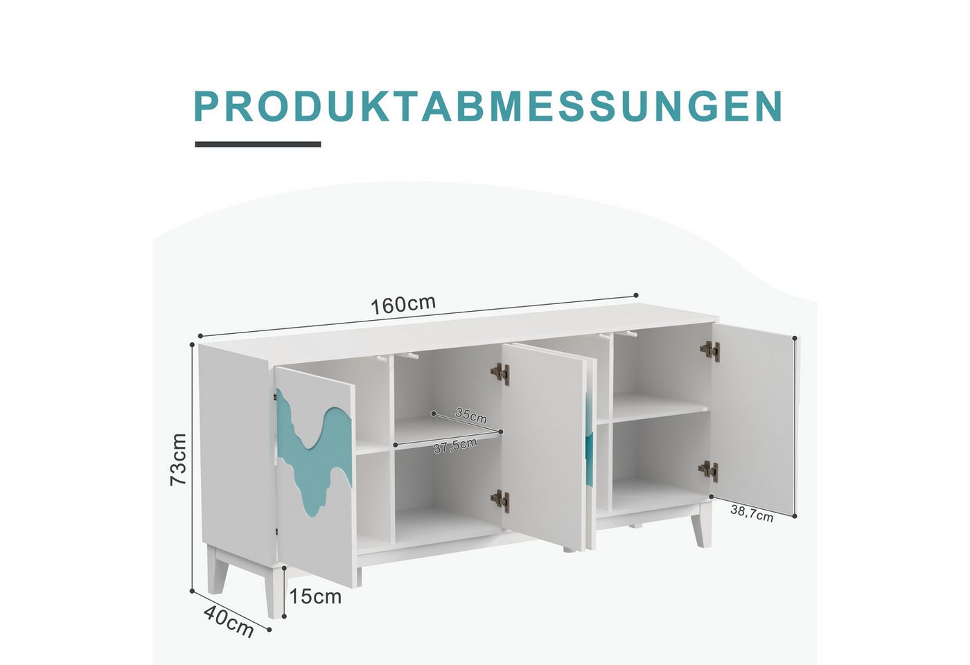 UEV Sideboard mit 4 Türen, Modern Kommode mit Wellenmuster Buffet für Küche (Packung, 160x40x73cm Highboard TV Schrank, Mehrzweckschrank), verstellbare Ablage,  – Bild 4 von 5