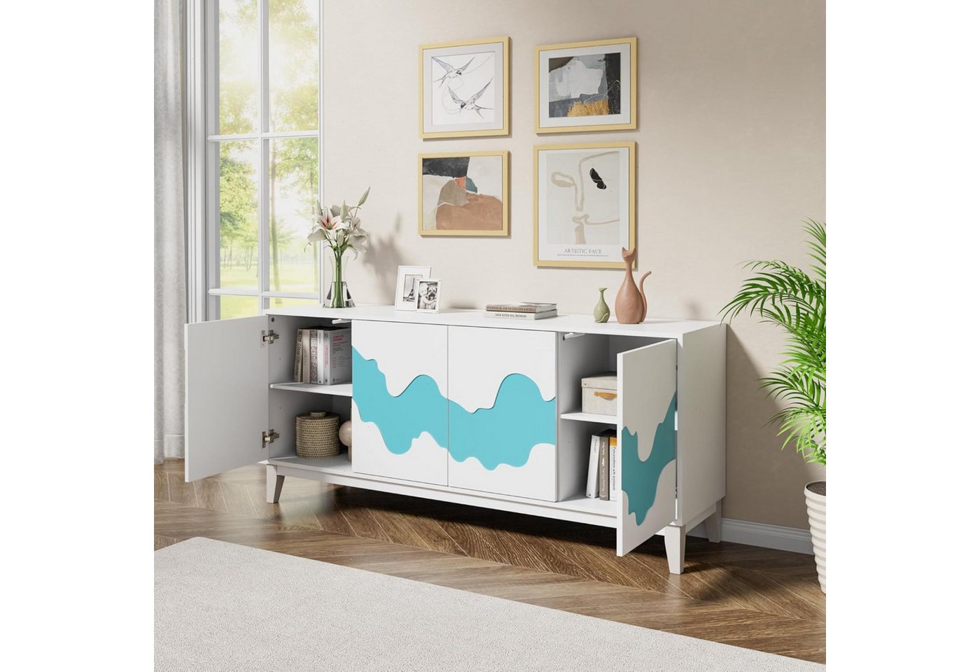 UEV Sideboard mit 4 Türen, Modern Kommode mit Wellenmuster Buffet für Küche (Packung, 160x40x73cm Highboard TV Schrank, Mehrzweckschrank), verstellbare Ablage,  – Bild 5 von 5