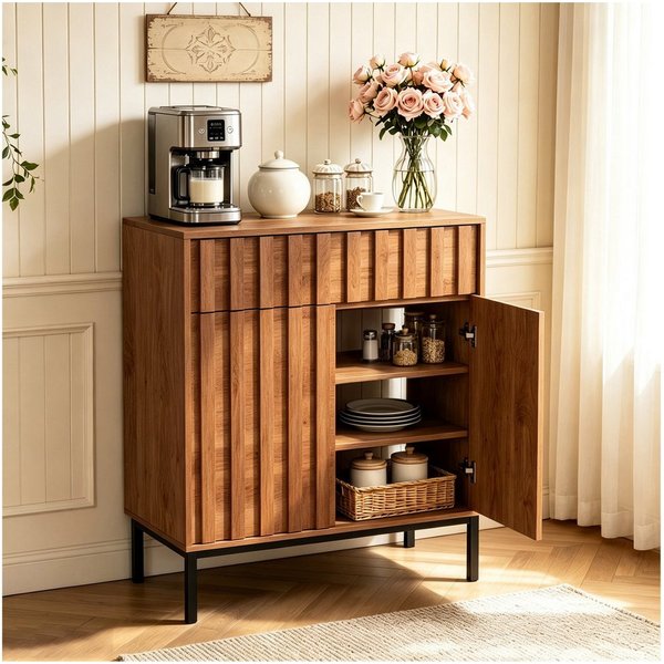UEV Sideboard mit Schublade & 2Türen, Küchenschrank Kaffeebar Schrank 70x37x88,5cm (Schrank mit Kippschutz), Moderner & griffloser Aufbewahrungsschrank Kommode 