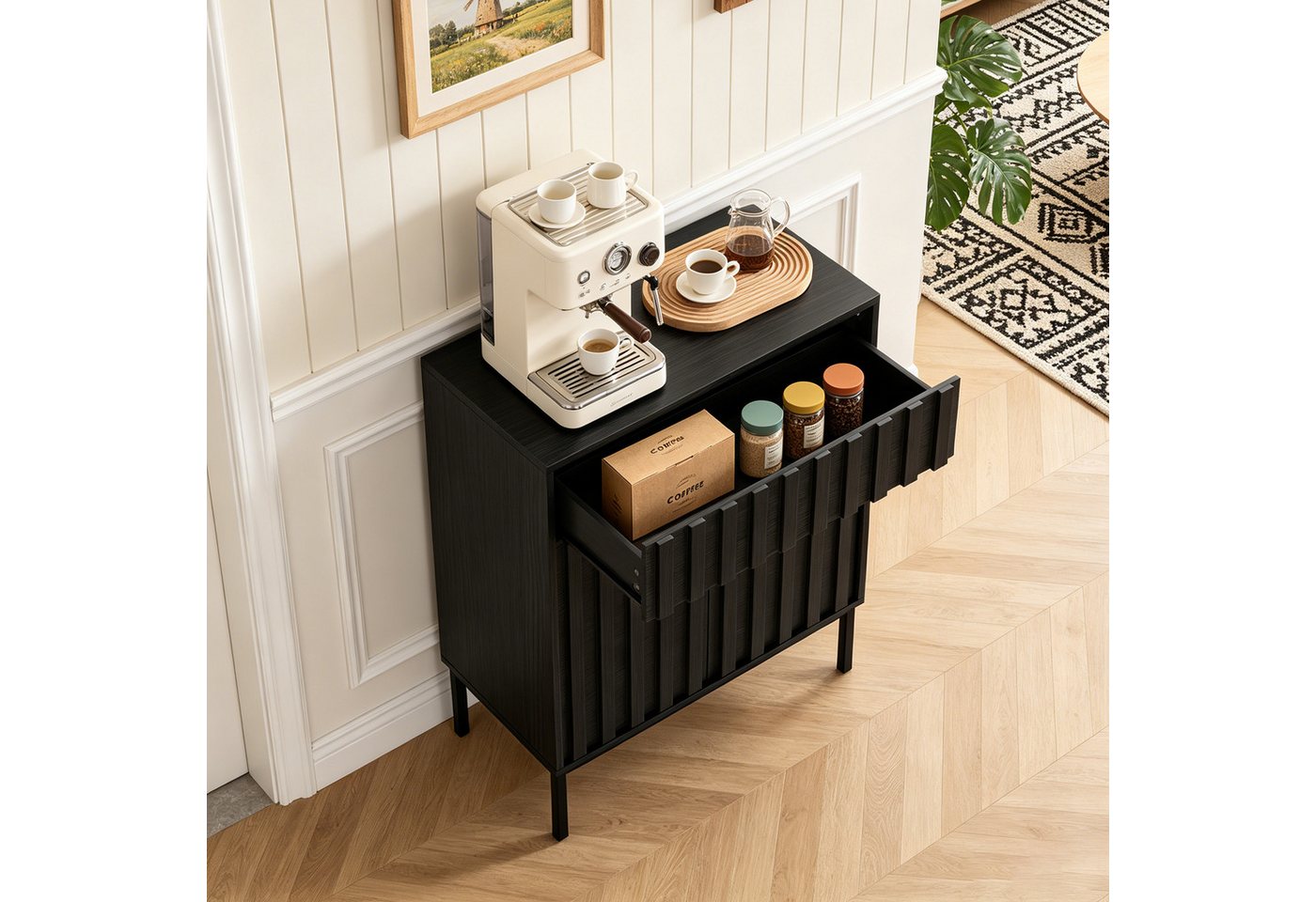 UEV Sideboard mit Schublade & 2Türen, Küchenschrank Kaffeebar Schrank 70x37x88,5cm (Schrank mit Kippschutz), Moderner & griffloser Aufbewahrungsschrank Kommode  – Bild 2 von 5