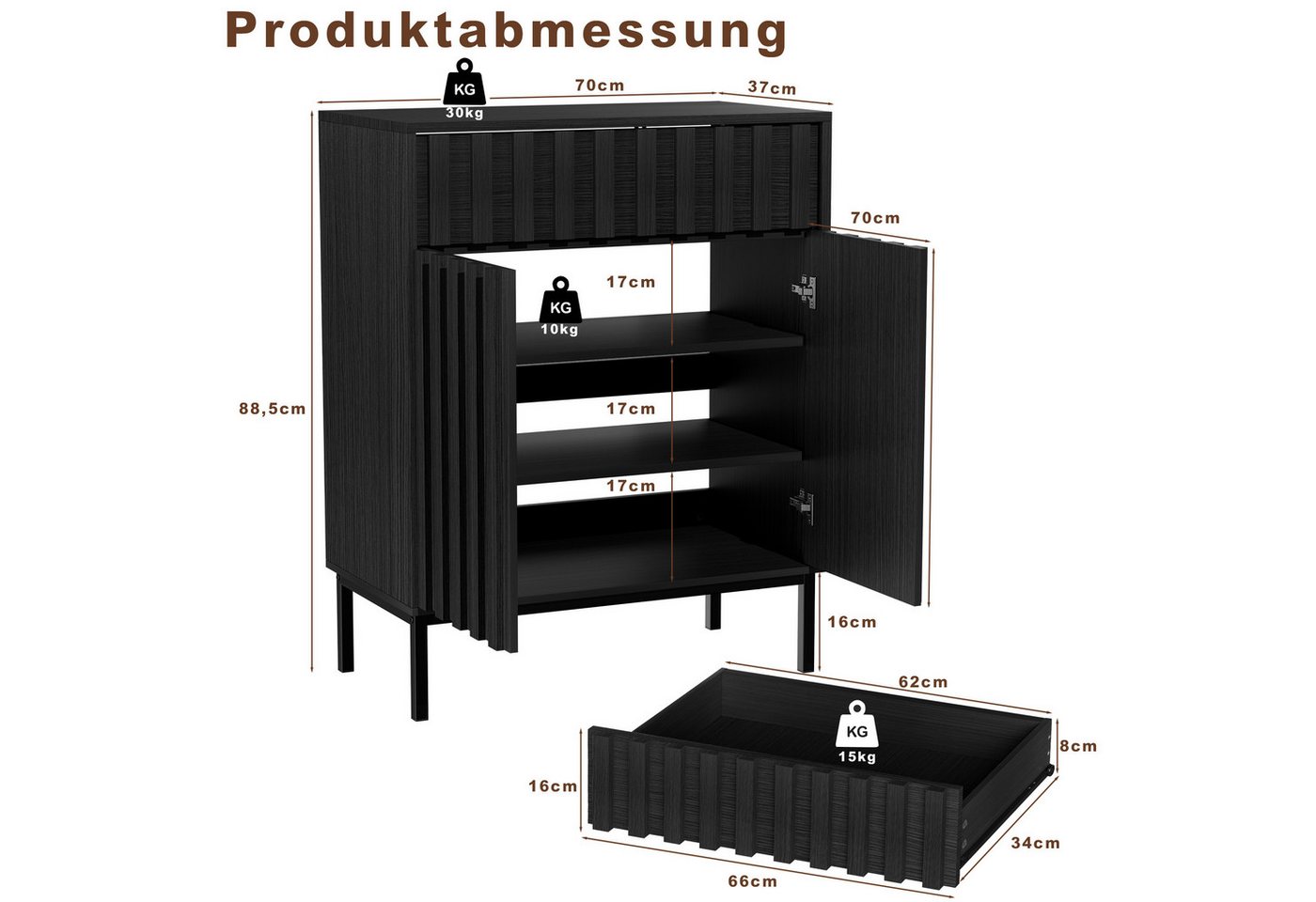 UEV Sideboard mit Schublade & 2Türen, Küchenschrank Kaffeebar Schrank 70x37x88,5cm (Schrank mit Kippschutz), Moderner & griffloser Aufbewahrungsschrank Kommode  – Bild 3 von 5